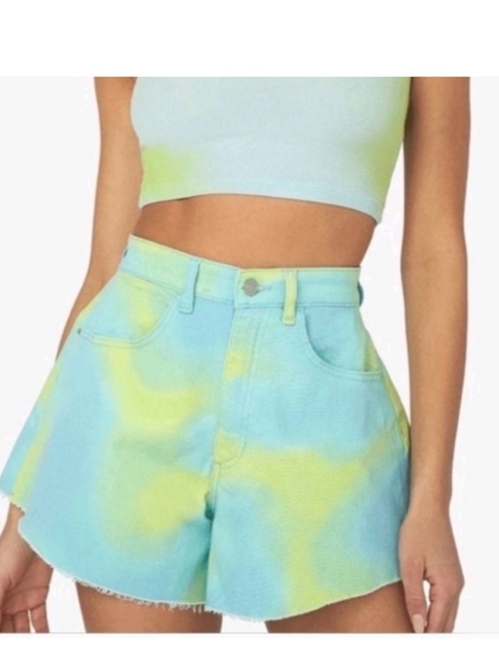 WeWoreWhat Tie Dye High Rise A-Line Denim Shorts Blue Green Festival Size 24 NWT